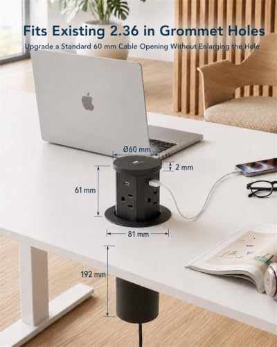 2.4" Pop Up Countertop Outlet, 30W USB-C & Wireless Charger | Fits 2.4 in (60mm) grommet holes, 4 AC outlets, 2 USB-C 30W, 2 USB-A 18W, 15W wireless charging and 1.5m cord, Black - color: Black