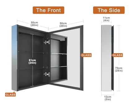 20 * 28 Right Hinge LED Bathroom Mirror Cabinet, Aluminum Medicine Cabinet | Light Adjustable, Sockets & USBs inside, Anti-Fog, Easy to Install - color: 20*28 Right Hinge
