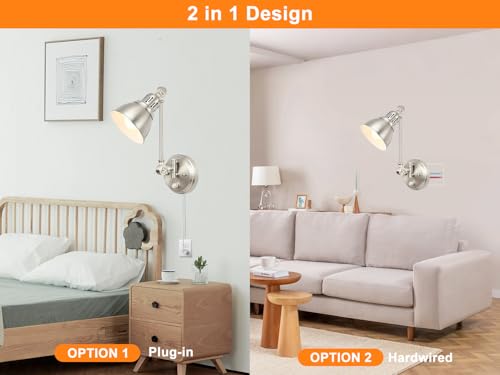 2 Pack Plug in Wall Sconces with Remote Control, Dimming, Adjustable Colors 2700K-6500K, Swing Arm Wall Lamps with Night Light & Timer, Plug-in or Hardwired, LED Bulbs Included, Brushed Nickel - size: Brushed Nickel-2 PACK(Bulbs+Remote)