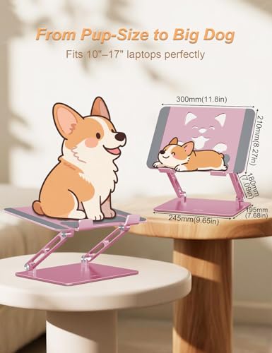 Aoviho Aluminum Laptop Stand for Desk Fit for All 10"-17.3" Laptops, Pink | Height-adjustable Notebook Holder, Ergonomic Computer Riser with Unique Puppy Cooling Vent, for Mac, Dell, Lenovo, HP - color: Rose Gold