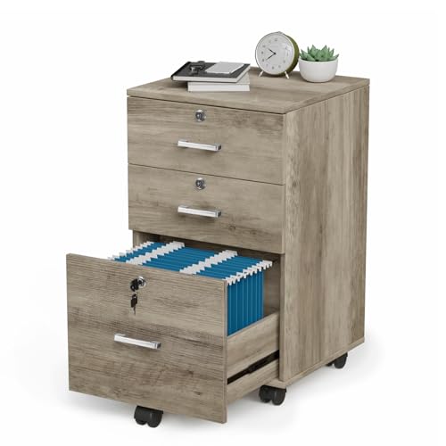 VINGLI 3-Drawer File Cabinet with Lock, Wood Rolling Under Desk File Cabinets for Home Office, Mobile Printer Stand & Filing Organizer for Letter Sized Files, 26" H(Caster Included), Rustic Gray - color: Rustic Gray, size: Standard 3 Drawer