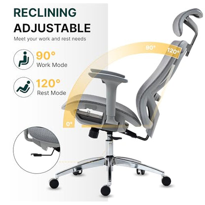 Ergonomic Mesh Office Chair, 3D Adjustable Armrests Desk Chair with 360° Swivel Silent Casters, 90°-120° Reclining Backrest Adjustable Gaming Chair for Home Office - color: Grey, style: Americana