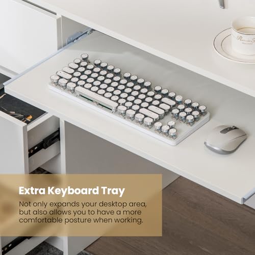 Tangkula White Desk with 3 Storage Drawers & Built-in Charging Station, Home Office Desk with Keyboard Tray, PC Desk Study Writing Table, Vanity Table for Bedroom, Computer Workstation (White) - color: White