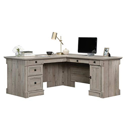 Sauder Palladia L Shaped Desk with Drawers, Office Desk with File Cabinet Storage, Cable Management, Keyboard Tray, in Split Oak finish - color: Split Oak