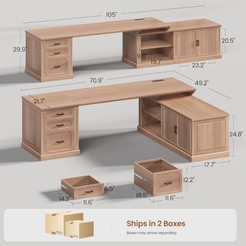 SEDETA Farmhouse L Shaped Desk with Drawers, 70.9" Home Office Desk with Storage Cabinet and Storage Shelves, L Shaped Computer Desk with Power Outlet，Oak - color: Oak, size: 70.9" L Shaped Desk
