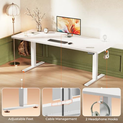 Huuger 71 x 30 Large Electric Standing Desk, Height Adjustable Computer Desk, 29.5" Deep Desktop, Stand up Gaming Office Table with 2 Hooks, 3 Preset Heights, for Home Office, White - color: White, size: 71*30 inch (no outlets)