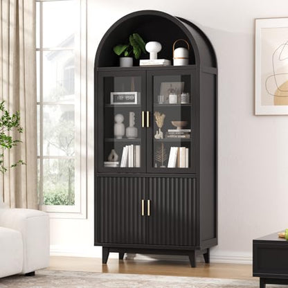 Arched Cabinet with Glass Doors, Fluted Pantry Cabinet with Solid Wood Legs - color: Black, size: Tall Arched - 15.7"D x 31.1"W x 70.8"H