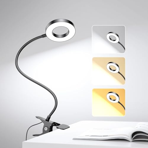 Desk Clip on Lamp for Reading Home Office, Book Light, 10 Dimmable Brightness 3 Modes, Clamp Light for Bed Headboard