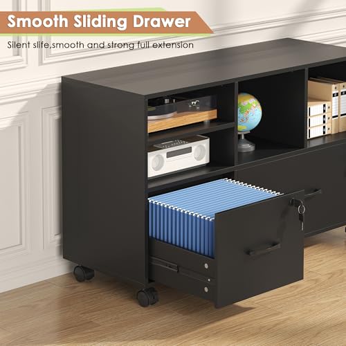 2 Drawer Wood Lateral File Cabinet with Lock, Lockable Rolling Filing Cabinet with Adjustable Storage Shelves, Printer Stand Office Storage Cabinet for Home Office Fits Files Legal/A4, Black - color: Black-2 Drawers