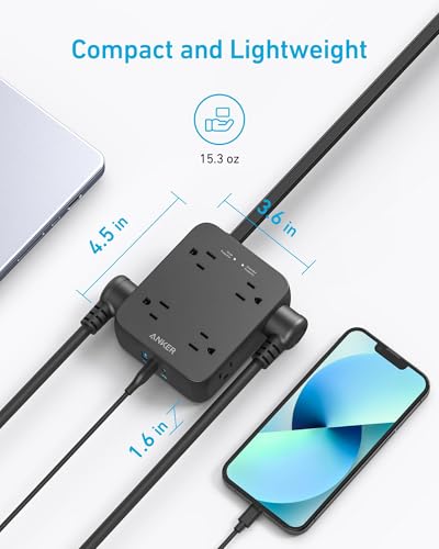 Anker Power Strip with 2000J Surge Protector, 5ft Outlet Extender, 20W, 8AC - color: Black, size: 5FT