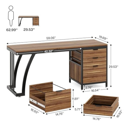 Tribesigns 59 Inch Computer Desk with 3 Drawers, Industrial PC Desk Study Writing Table Workstation with File Storage, Home Office Desks with Large Desktop and Metal Frame (Walnut) - color: Walnut