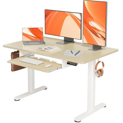 YDN Electric Standing Desk 48 Inch with Keyboard Tray Natural | Heavy-duty steel frame supports 176 lbs, 28.3-46.5 inch height range, 3 programmable presets, water-resistant surface - color: Natural