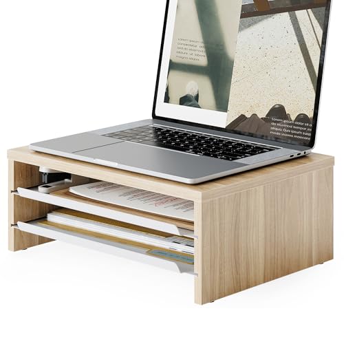 Fenge 14.3-Inch Monitor Stand with Slide-Out Trays, Wood & Metal Desk Shelf - color: Oak