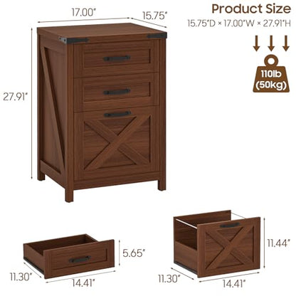 Halitaa Small Farmhouse File Cabinet with 3 Drawers for Home Office, Walnut | Vertical Filing Cabinet Fits Letter and A4 Size, Farmhouse Printer Stand, Under Desk Wooden File Cabinet - color: Walnut, size: 3 Drawers
