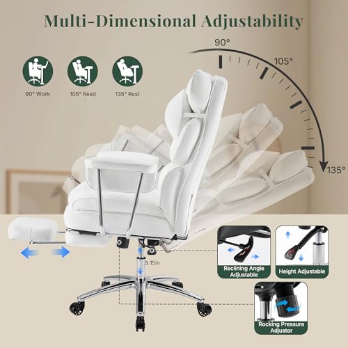 Executive Ergonomic Office Chair for Adults, Home Office | PU Leather, High Back Reclining Gaming Chair with Footrest and Lumbar Support, Height Adjustable Rolling Swivel, White - color: White