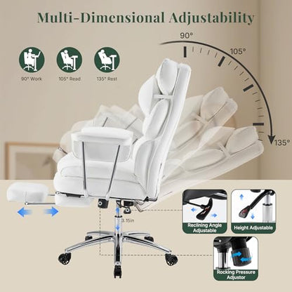 Executive Ergonomic Office Chair for Adults, Home Office | PU Leather, High Back Reclining Gaming Chair with Footrest and Lumbar Support, Height Adjustable Rolling Swivel, White - color: White