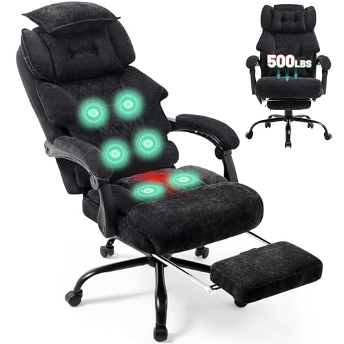 Massage Office Chair with Foot Rest,6 Points Vibration & Heat Executive Office Chairs for Heavy People,500LBS Big and Tall Office Chair,Ergonomic Reclining Desk Chair,Dual-Use Pillow,BlackCloth - color: Blackgrey, size: 6 Point Vibration