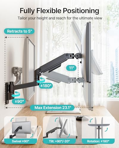 Single Wall Mount Monitor Arm for 17-49" Ultrawide Screens | Heavy Duty Wall Mount Stand Holds up to 44 LBS - size: Single