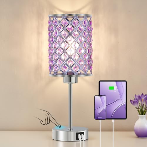Crystal Table Lamp, Purple Touch Lamp with USB C+A Port, 3-Way Dimmable - color: Purple-1, size: 14.75"