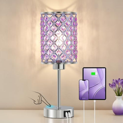 Crystal Table Lamp, Purple Touch Lamp with USB C+A Port, 3-Way Dimmable - color: Purple-1, size: 14.75"