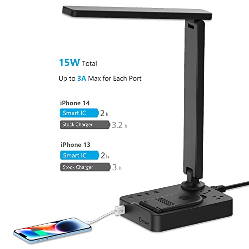 Drevet LED Desk Lamp with Wireless Charger, Desk Table Light with USB Charging Port and 2 Outlets, 3 Lighting Modes, 3 Level Brightness, 1H Timer, Touch Control, Eye-Caring Home Office Foldable Lamp - color: Black2.0 with wireless charging