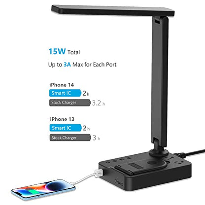 Drevet LED Desk Lamp with Wireless Charger, Desk Table Light with USB Charging Port and 2 Outlets, 3 Lighting Modes, 3 Level Brightness, 1H Timer, Touch Control, Eye-Caring Home Office Foldable Lamp - color: Black2.0 with wireless charging