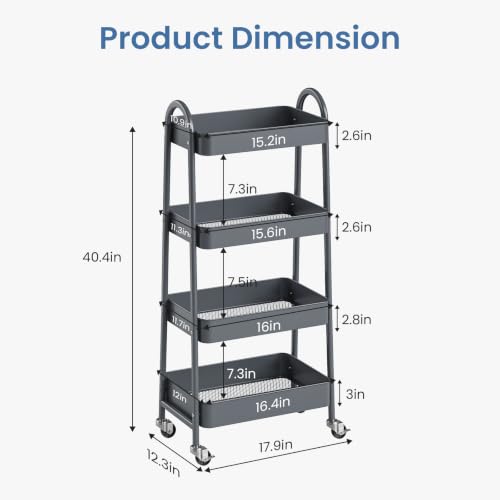 DUMOS 4 Tiers Rolling Utility Cart, Storage Organizer, Shelving Unit | Metal, Lockable Wheels, Mobile, Kitchen, Bathroom, Laundry, Narrow Places, Gray - color: 4-tier Deep Gray