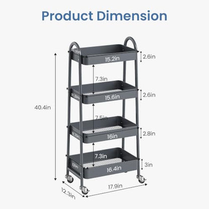 DUMOS 4 Tiers Rolling Utility Cart, Storage Organizer, Shelving Unit | Metal, Lockable Wheels, Mobile, Kitchen, Bathroom, Laundry, Narrow Places, Gray - color: 4-tier Deep Gray