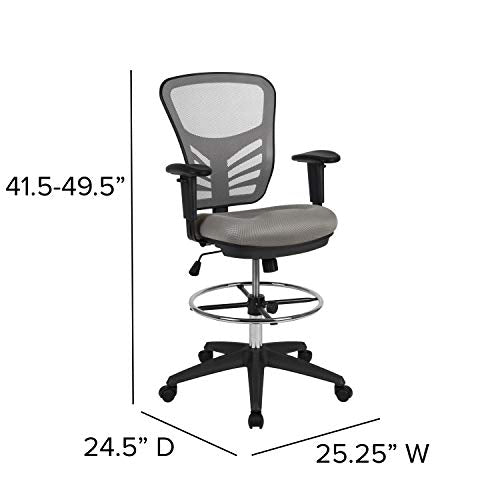 EMMA + OLIVER Mid-Back Black Mesh Drafting Chair | Black Frame, Ergonomic, Height Adjustable, 360° Swivel - color: Light Gray Mesh/Black Frame