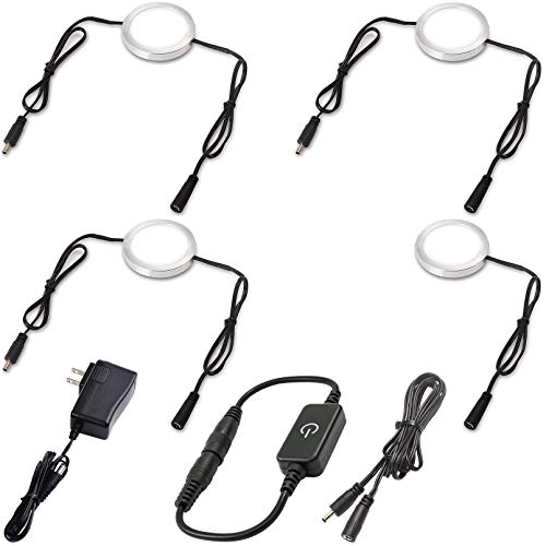 Under Cabinet LED Pucks AC120V Plug in, Touch Dimmer, 4 Lights, Daylight | Aluminum, Low Profile, Linkable Pucks, Dimmable, Easy Installation, Color Temp 6000K - color: 4 Lights,Daylight