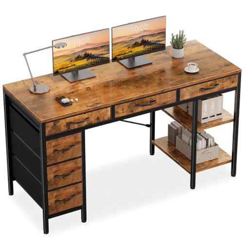 Sweetcrispy 55" Computer Desk with 6 Fabric Drawers & Storage Shelves - color: Rustic Brown, size: 54.9 Inches