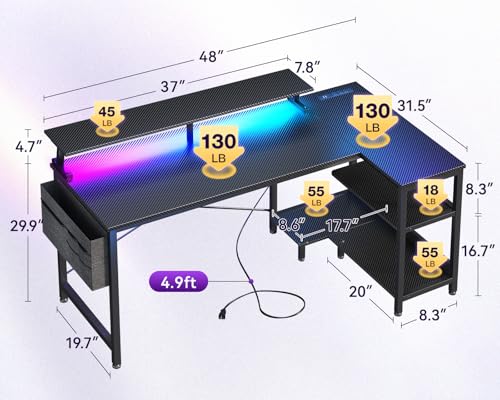 ODK 48 Inch L Shaped Gaming Desk with LED Lights, Power Outlets, Black - size: 48 Inch