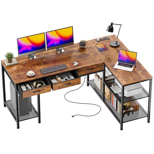 PRAISUN 55 Inch L Shaped Office Desk with Power Outlets and Type-C Port - color: Rustic Brown, size: 55.1inch