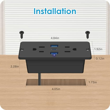 HHSOET 5 in 1 Recessed Power Strip Flat Plug, 65W Fast Charging Furniture Outlet with USB, Conference Recessed Socket with 2 AC Plugs, 2 USB Ports 1 USB-C, 10ft Power Cord. (Black)