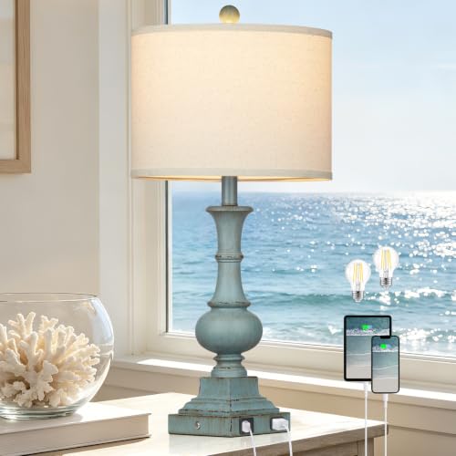 26" Tall Coastal Lamp for Living Room, Farmhouse Ocean Beach Touch Bedside Lamp with USB A/C Charging Ports & AC Outlets,Vintage Boho 3-Way Dimmable Nightstand Lamp for Bedroom Side Table Antique Blue - color: Retro Blue - 26"H - 1 Pack