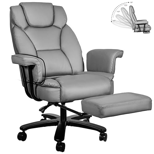 Reclining Office Chair with Footrest, Big and Tall Home Office Desk Chairs 400lbs with High Back, Criss Cross Wide Seat, Heavy Duty Base, Pu Leather, Grey - color: Grey