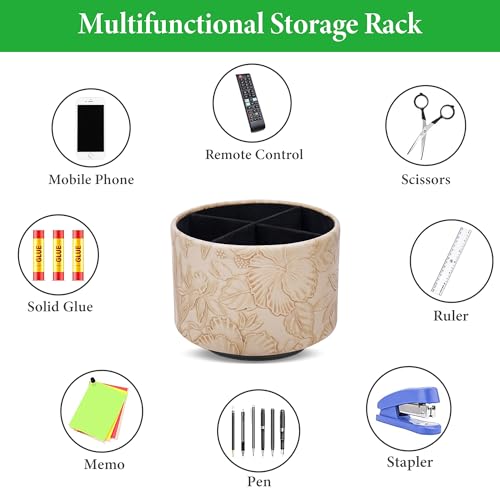 Round Leather Art Supply Organizer,Remote Control Holder,360 Degree Spinning,Multi-Functional Pencil Holder,4 Compartments Desktop Stationary Organizer(1-Carved Light Brown) - color: 1-Carved Light Brown