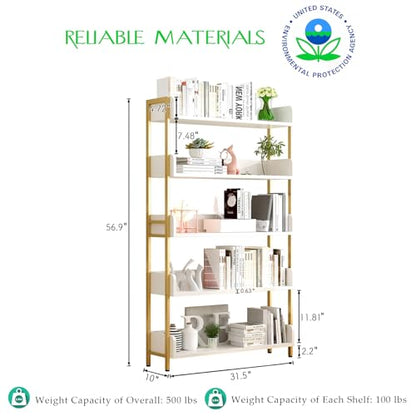 OSCHF Wide Open Shelf Bookcase, 5-Tier, White with Gold Frame - size: 5-Tier