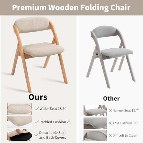 Folding Chairs with Padded Seats | Wooden Stackable Dining Chair Set of 2 with Removable Cover Extra for Guests Kitchen Office Wedding Party Picnic, Cream - color: Cream, size: 2PCS