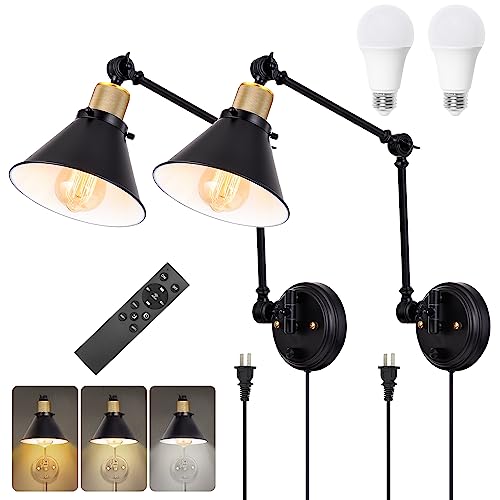 TRLIFE Dimmable Wall Sconce, Remote Control Plug in Wall Sconces Dimming 10%-100% and Adjustable Color Temperature 2700K-6000K, Swing Arm Wall Lights with Plug in Cord, UL Listed(2 Pack, 2 Bulbs) - color: Black, size: 2 Pack- (Remote+Bulbs)