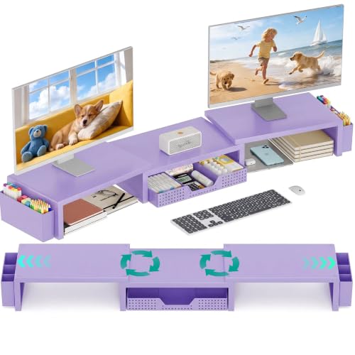 OPNICE Desk Organizer and Accessories, Computer Monitor Stand Riser with Drawer and 2 Pen Holders, Laptop Stand, Office Desk Accessories for Office Supplies, Purple - color: Purple 1-Pack, size: 40.6" x 9.3" x 4.3"