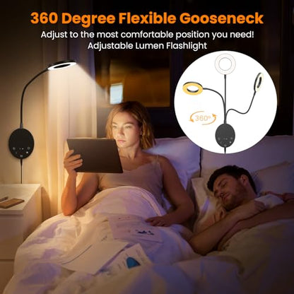 Wall Mounted Reading Light,Headboard Reading Lamp with 5 Color Temperature &5 Dimming,360°Flexible Gooseneck,USB Output, Night Light&Timer Function- Perfect for Reading in Bed Black 2 PCS - color: Black 2 PCS