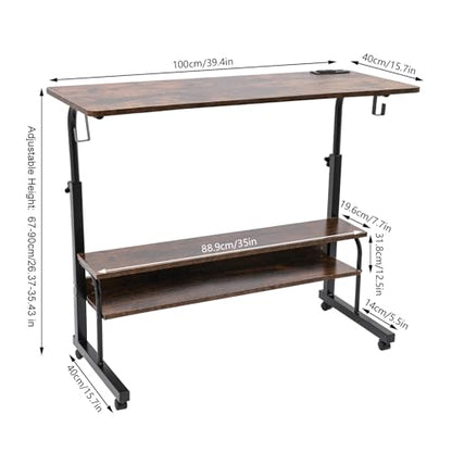 3-Tier Standing Desk Adjustable Height,Standing Computer Table with Power Outlets,Lockable Mobile Standing Desk with 2 Side Hooks,Stand Up Desk Laptop Table on Wheels (40*16*26.4-35.4 in)