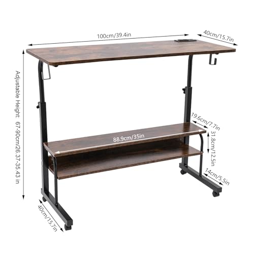 3-Tier Standing Desk Adjustable Height,Standing Computer Table with Power Outlets,Lockable Mobile Standing Desk with 2 Side Hooks,Stand Up Desk Laptop Table on Wheels (40*16*26.4-35.4 in)