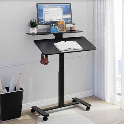 Pneumatic Standing Desk with Wheels - Adjustable Height 28" - 46" & 0-90° Tilt, 31.5" x 17.7" Skin-Feel Desktop, Rolling Computer Desk for Home Office, Hospital, School (Black) - color: Black