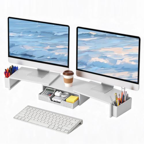 LEKETREE Dual Monitor Stand Riser with Drawer and 2 Pen Holders, White - color: White