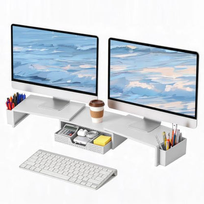 LEKETREE Dual Monitor Stand Riser with Drawer and 2 Pen Holders, White - color: White