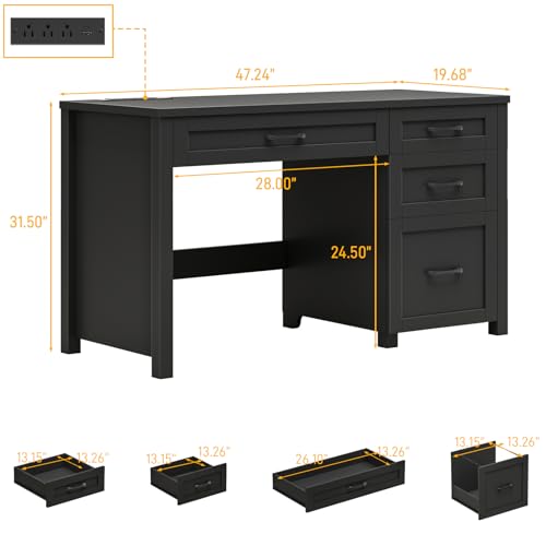 Farmhouse 47" Computer Desk, Executive Desk with File Drawer, Pure Black | Workstation, Charging Station, for Study, Home Office - color: Unique Black