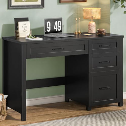 Vabches Farmhouse 47" Computer Desk with 4 Drawers, Pure Black | Executive Desk with File Drawer and Charging Station, Workstation for Home Office, Study - color: Pure Black Without Charging Station