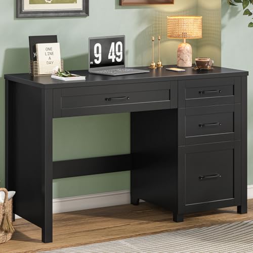 Vabches Farmhouse 47" Computer Desk with 4 Drawers, Pure Black | Executive Desk with File Drawer and Charging Station, Workstation for Home Office, Study - color: Pure Black Without Charging Station